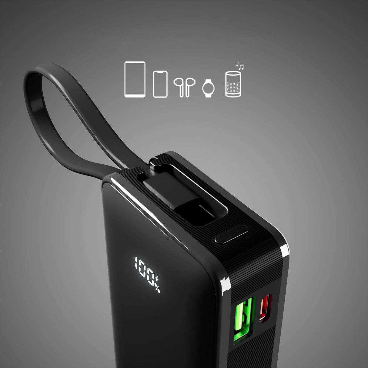 Powerbank SBS 10000 mAh 20W med indbygget USB-C-kabel og digital skærm - sort