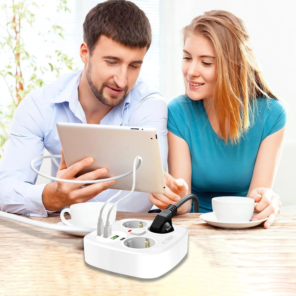 Tech-Protect PCS3X4 power strip, 3 stikkontakter, 2xUSB-A, 2xUSB-C 200 cm - hvid