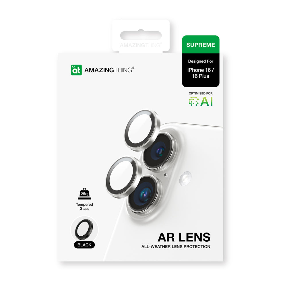AmazingThing AR Aluminium 2 Lens Glass med Kamera Lens Frame til iPhone 16 / 16 Plus - sort