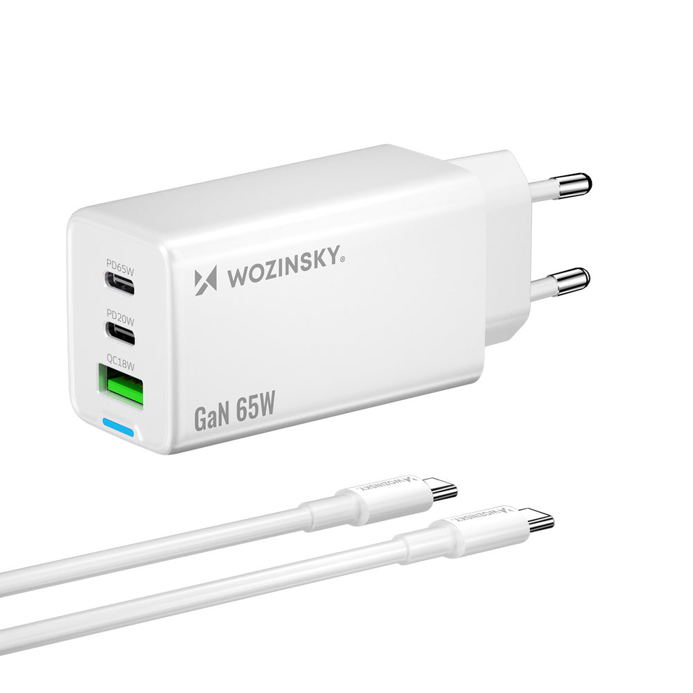Wozinsky GaN 65W oplader med 2xUSB-C USB-porte med 65W CC kabel - hvid