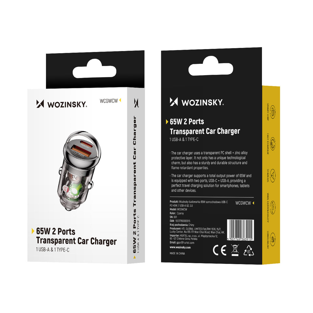 Wozinsky 65W Biloplader USB-C PD 65W / USB-A 45W QC 3.0 - sort