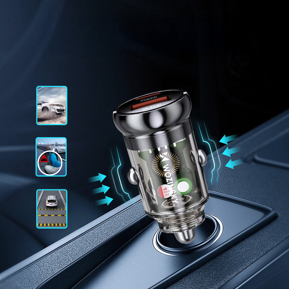 Wozinsky 65W Biloplader USB-C PD 65W / USB-A 45W QC 3.0 - sort