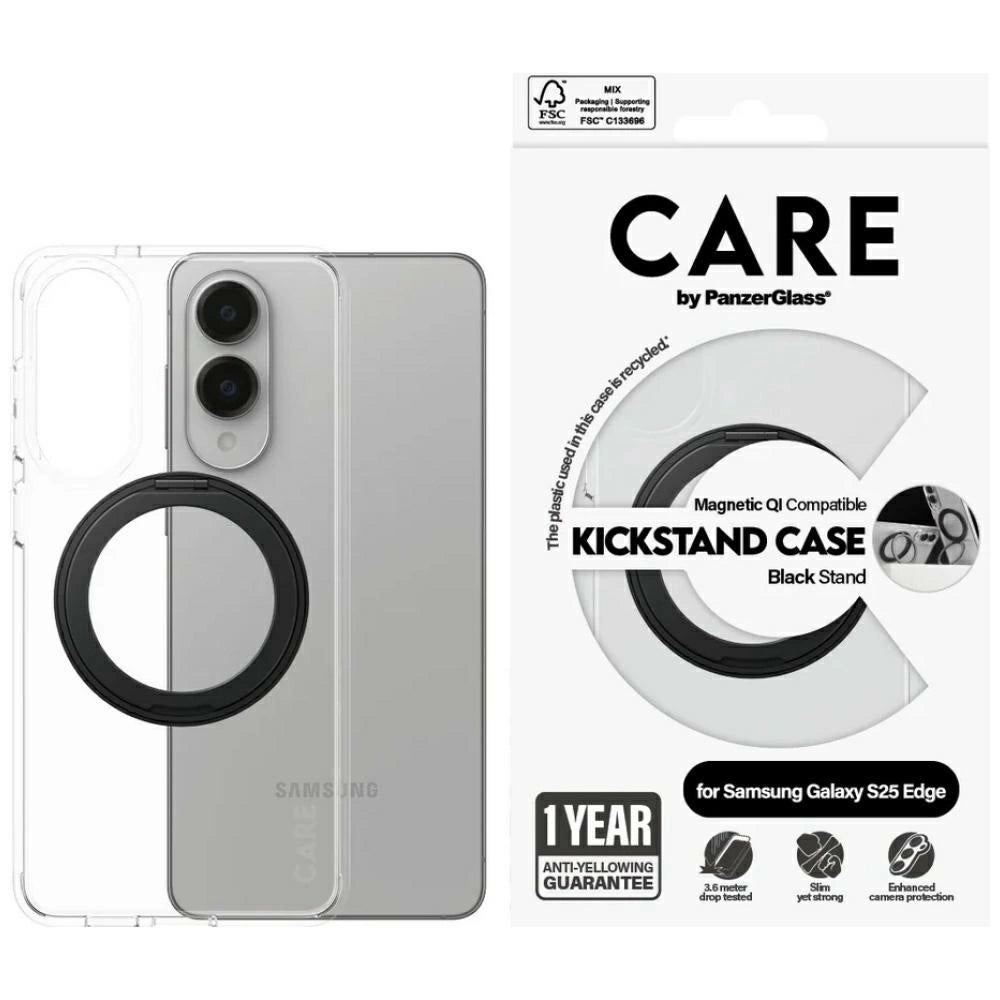 CARE af PanzerGlass Feature Black Kickstand & QI Case til Samsung Galaxy S25 Edge - Transparent