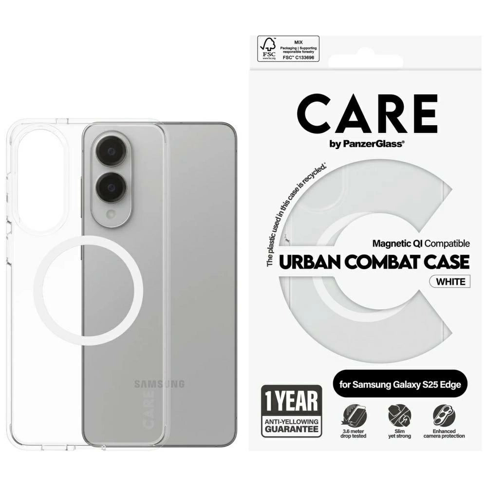 CARE af PanzerGlass Flagship Urban Combat White QI Case til Samsung Galaxy S25 Edge - Gennemsigtig