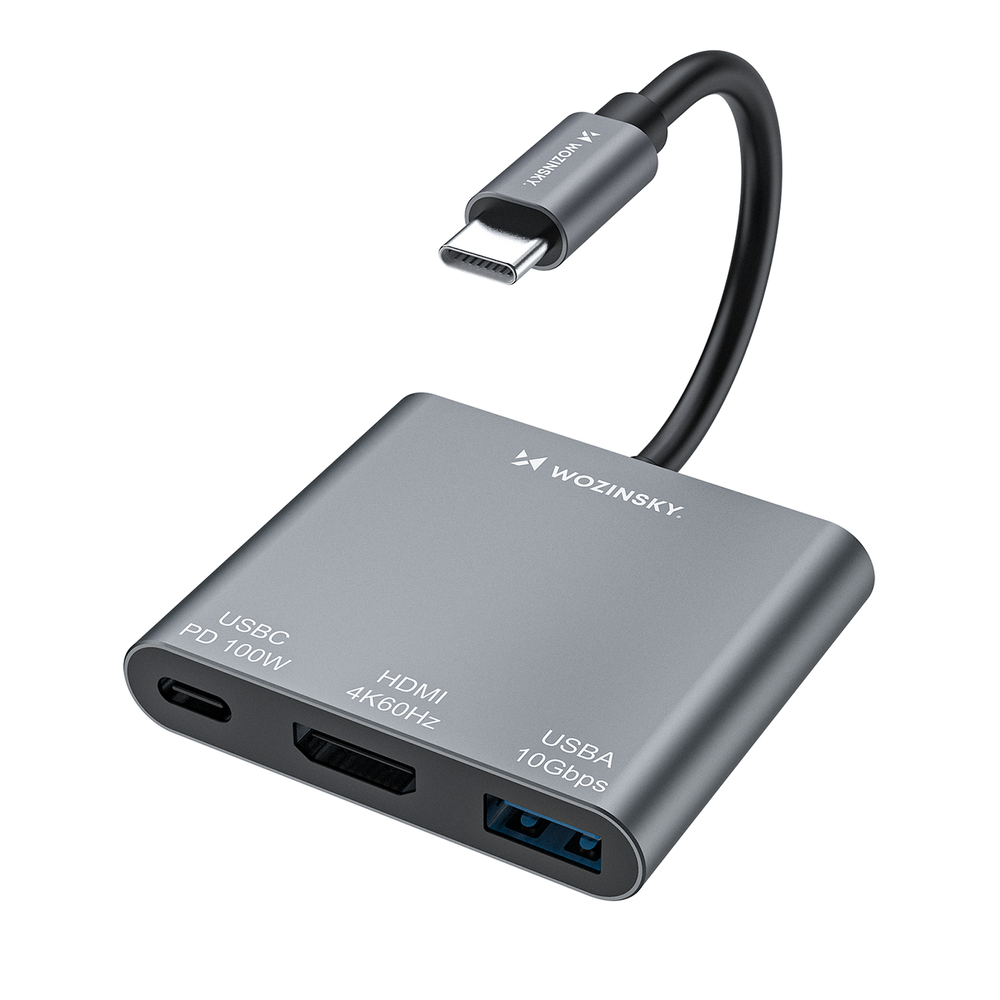 Hub Wozinsky WHCH-01 USB-C PD 100W HDMI 4K @ 30Hz USB-A 10Gbps - grå