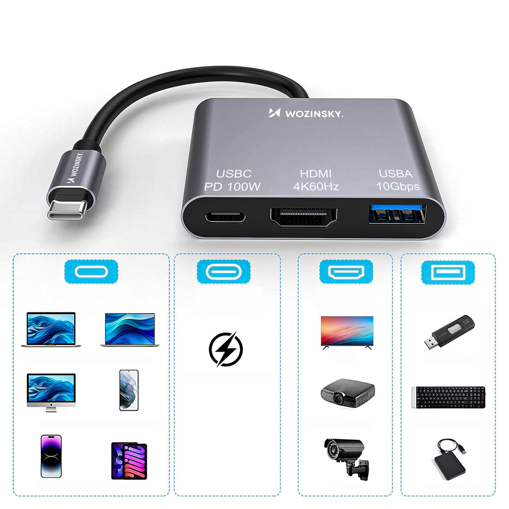 Hub Wozinsky WHCH-01 USB-C PD 100W HDMI 4K @ 30Hz USB-A 10Gbps - grå