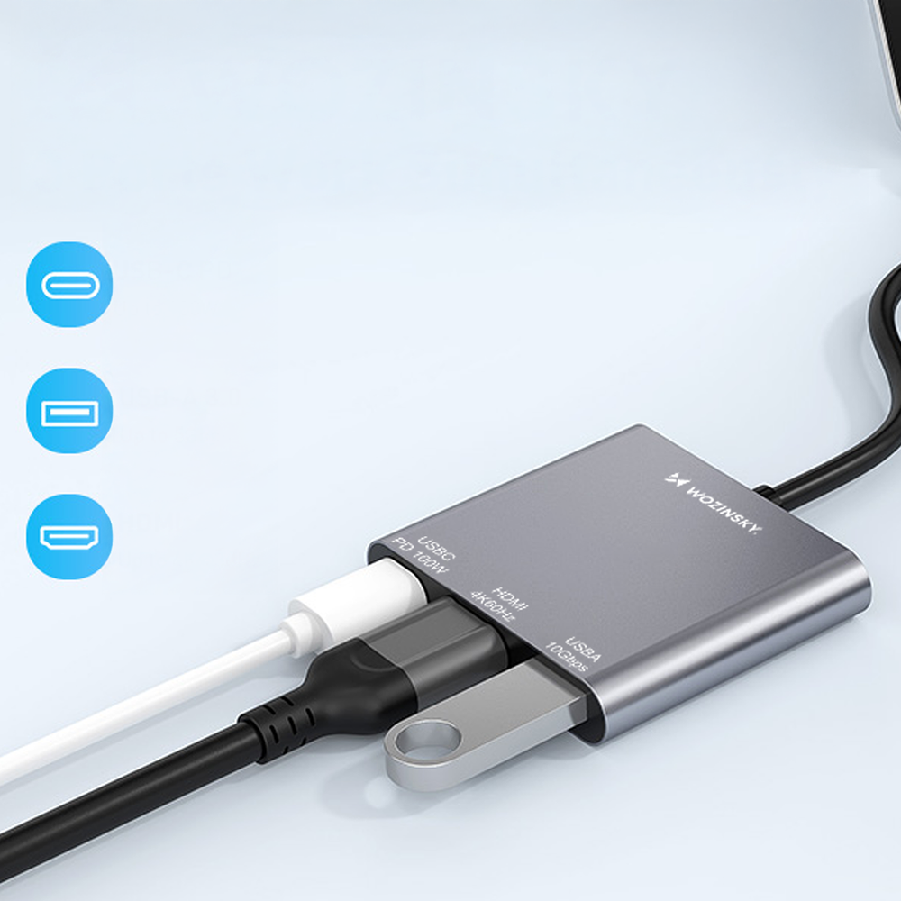 Hub Wozinsky WHCH-01 USB-C PD 100W HDMI 4K @ 30Hz USB-A 10Gbps - grå