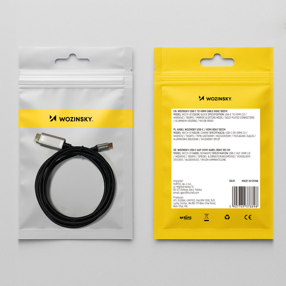 Wozinsky WCCH-01 USB-C - HDMI 4K 60Hz kabel 1,8 m - sort