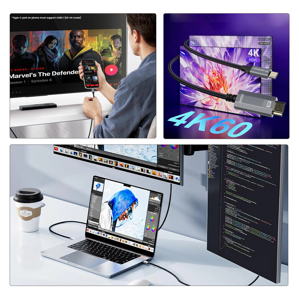 Wozinsky WCCH-01 USB-C - HDMI 4K 60Hz kabel 1,8 m - sort