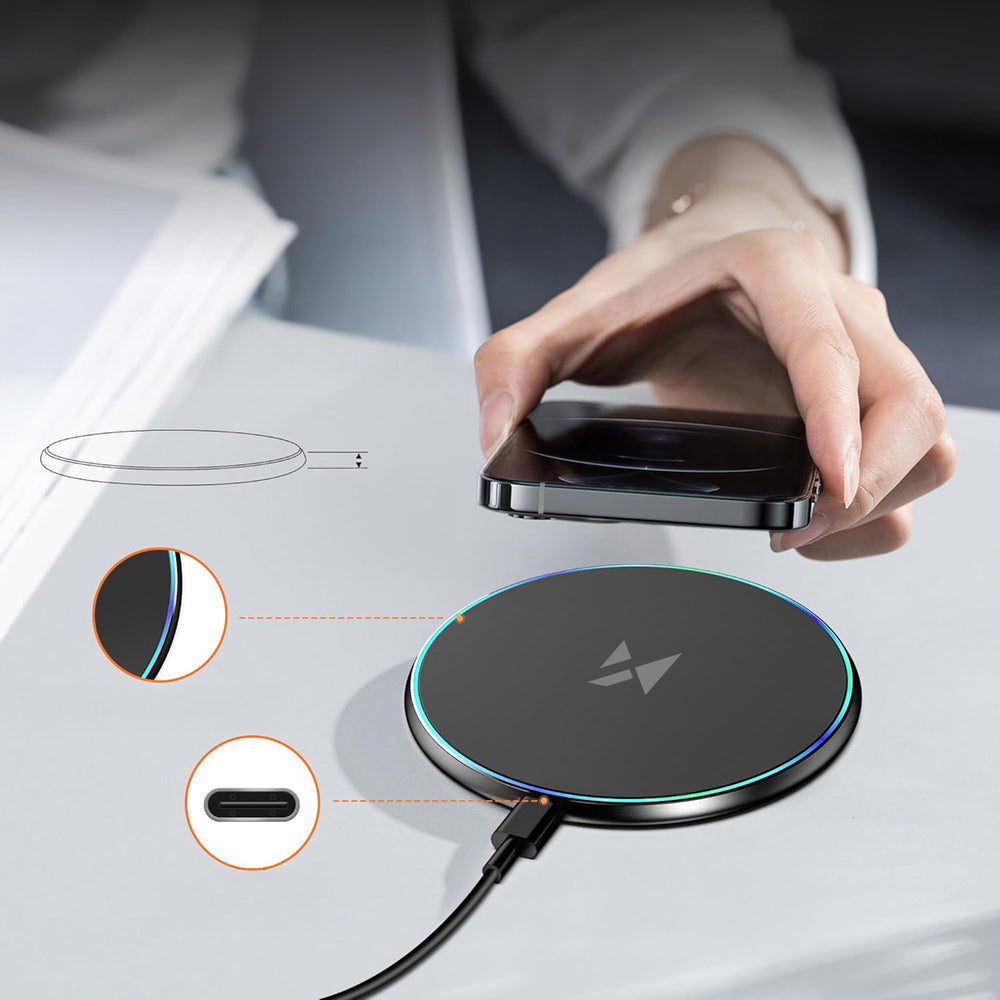 Wozinsky WLI-01Y 15W Qi induktiv oplader med USB-C-kabel - sort