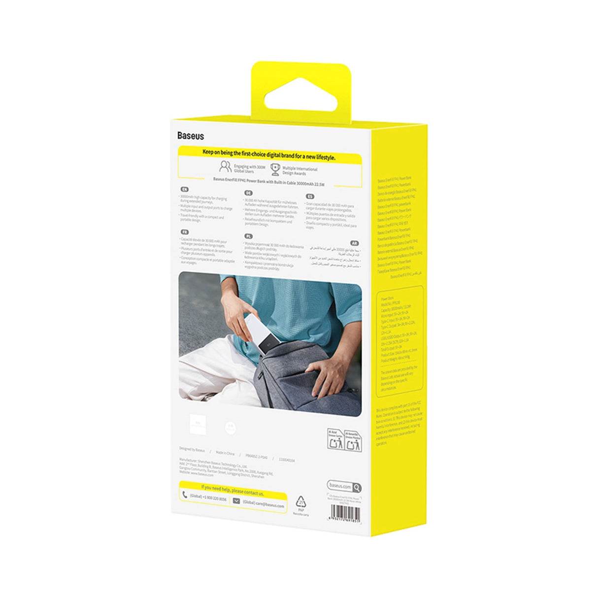 Baseus EnerFill FP41 30000mAh 22.5W Powerbank med Baseus Simple USB-A - USB-C 3A 30cm Kabel - Hvid