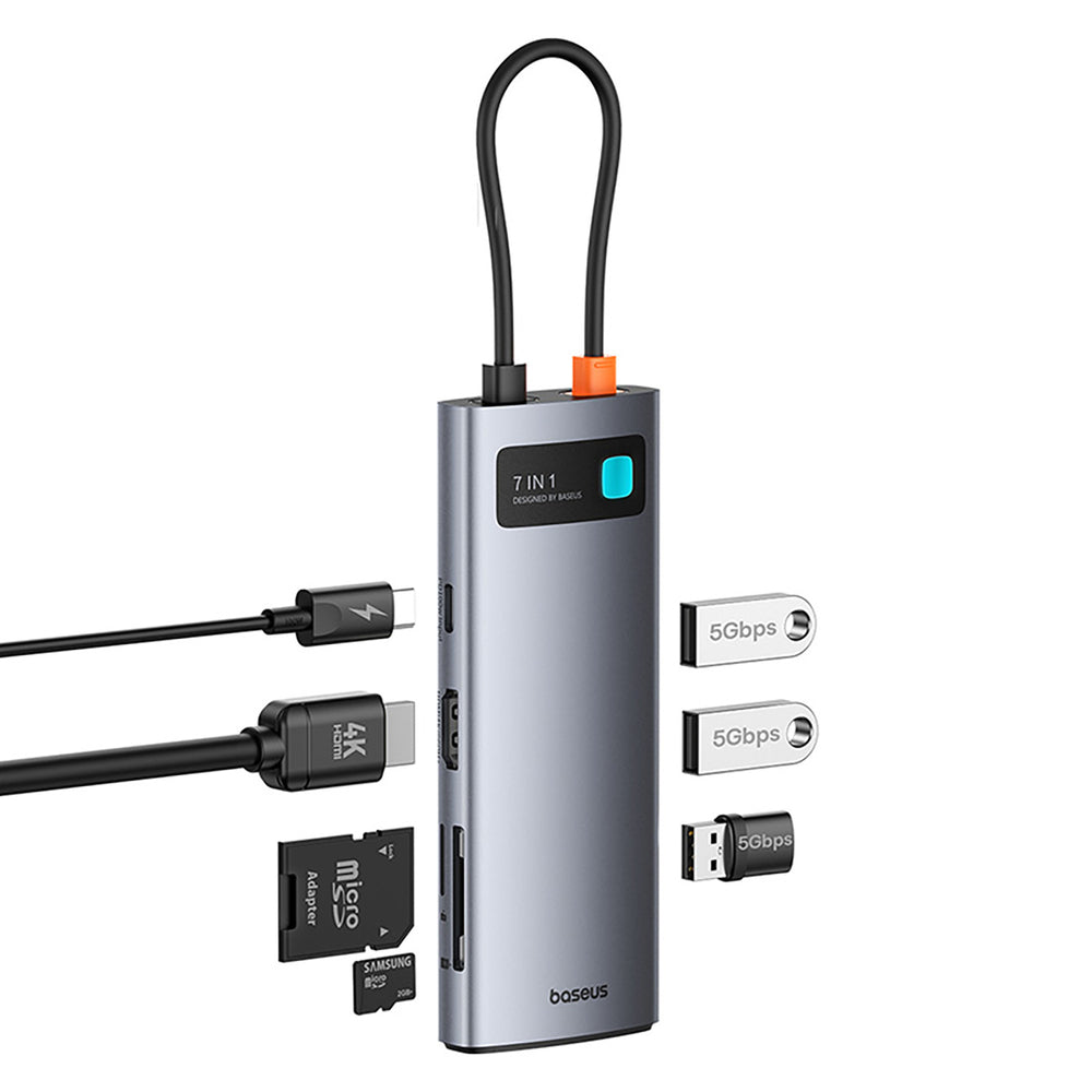 Baseus Metal Gleam 7in1 HDMI 4K 60Hz USB-C Hub / 3x USB 3.0 / USB-C PD / SD / microSD - Gray