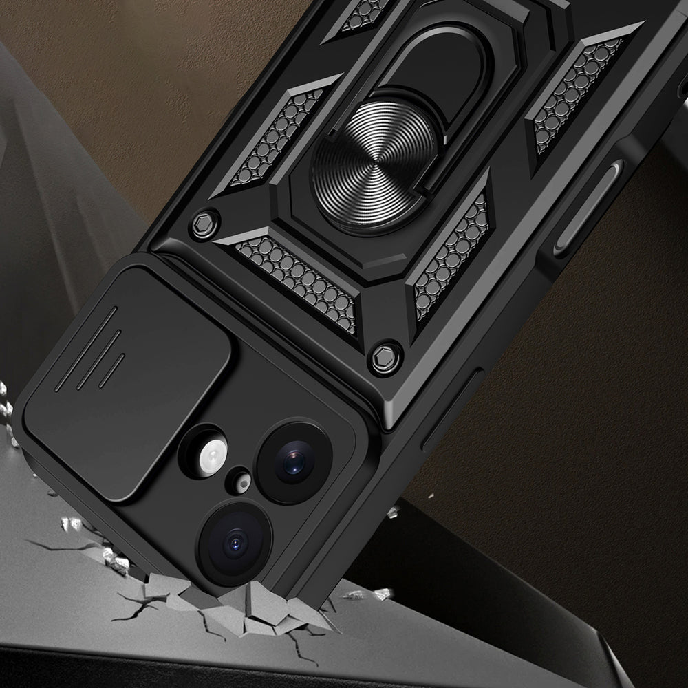 Hybrid Armor Camshield iPhone 17 Case med Stand og Camera Cover - sort