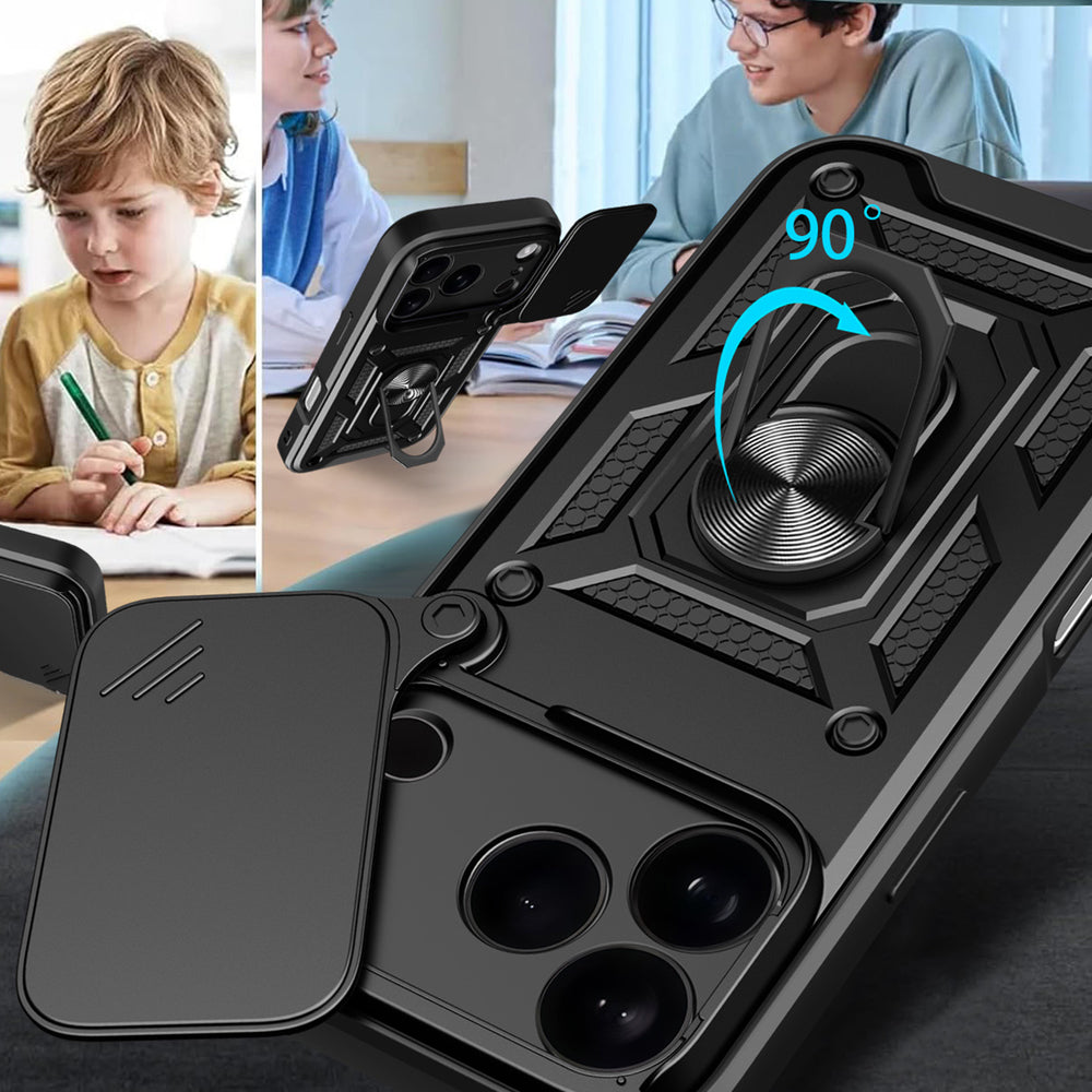 Hybrid Armor Camshield iPhone 17 Pro Case med Stand og Camera Cover - sort