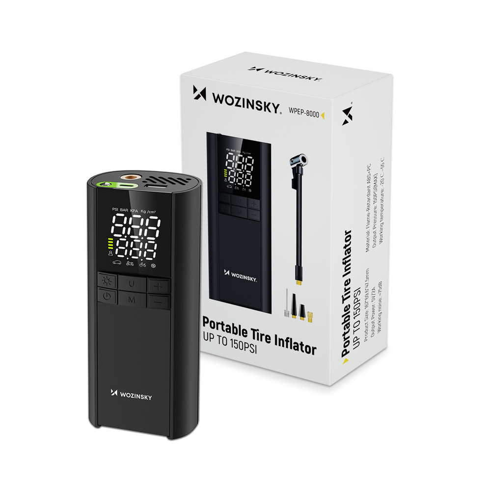 Wozinsky WPEP-8000 kompressor, elektrisk pumpe, 8000mAh power bank, lommelygte - sort