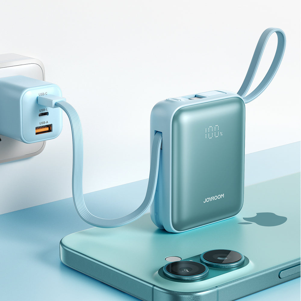 Joyroom JR-PBF27 22.5W 10000mAh Powerbank med to indbyggede kabler - Blå