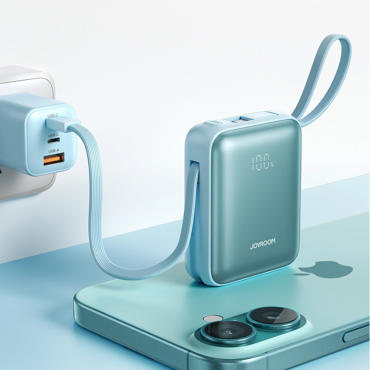 Joyroom JR-PBF27 22.5W 10000mAh Powerbank med to indbyggede kabler - Blå