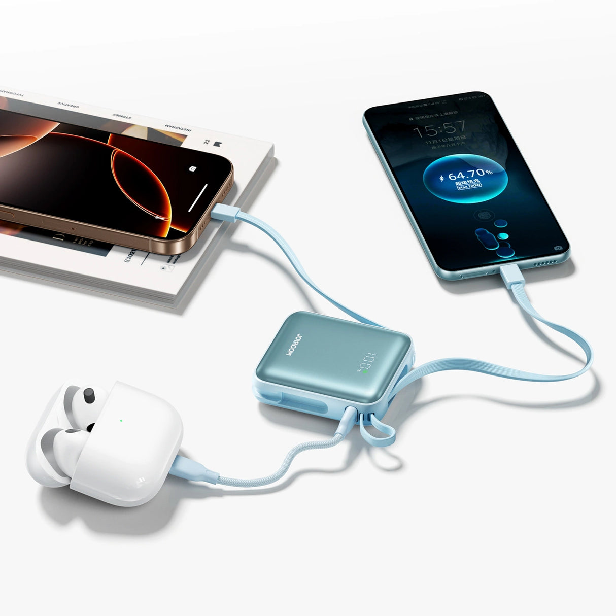 Joyroom JR-PBF27 22.5W 10000mAh Powerbank med to indbyggede kabler - Blå