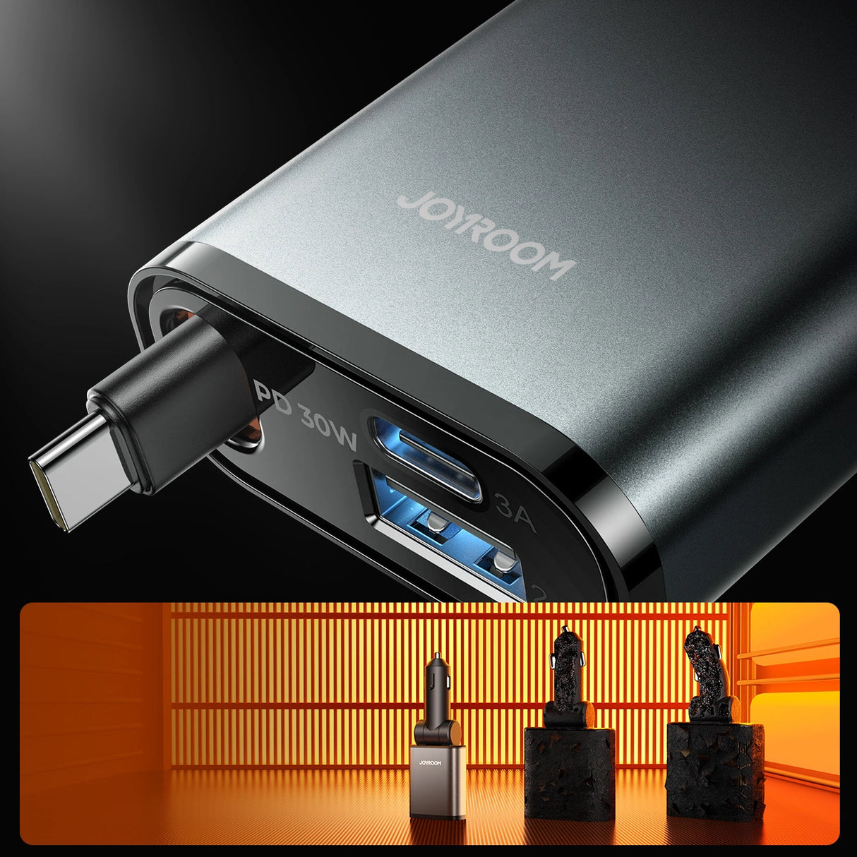 Joyroom JR-CCL07 3-i-1-biloplader med indbygget indtrækbart kabel - mørkgrå