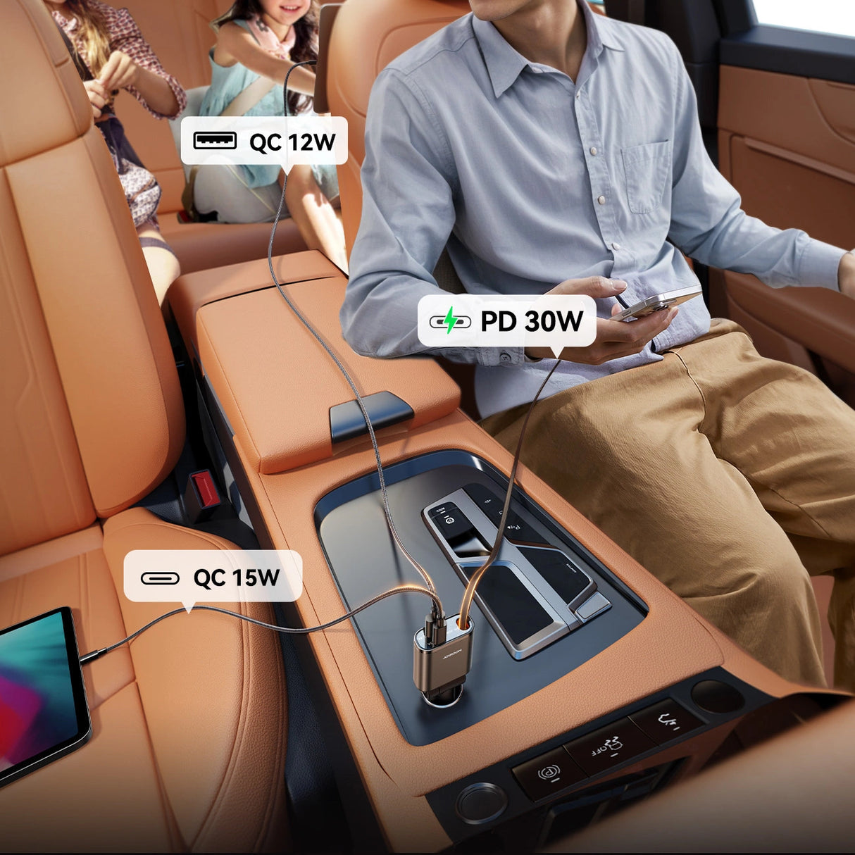 Joyroom JR-CCL07 3-i-1-biloplader med indbygget indtrækbart kabel - mørkgrå