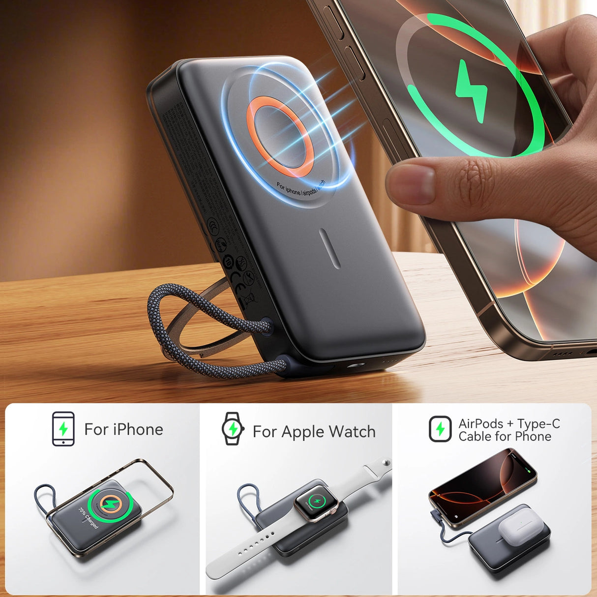 Joyroom JR-PBM02 Powerbank 22.5W 10000mAh 3in1 Magnetisk Induktiv Kompatibel med MagSafe med indbygget kabel - sort