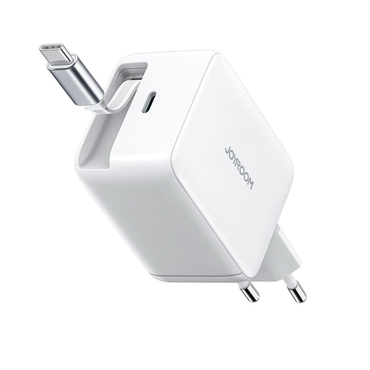 Joyroom JR-TCL06 67W GaN Wall Charger med indbygget inddrageligt USB-C-kabel - hvid
