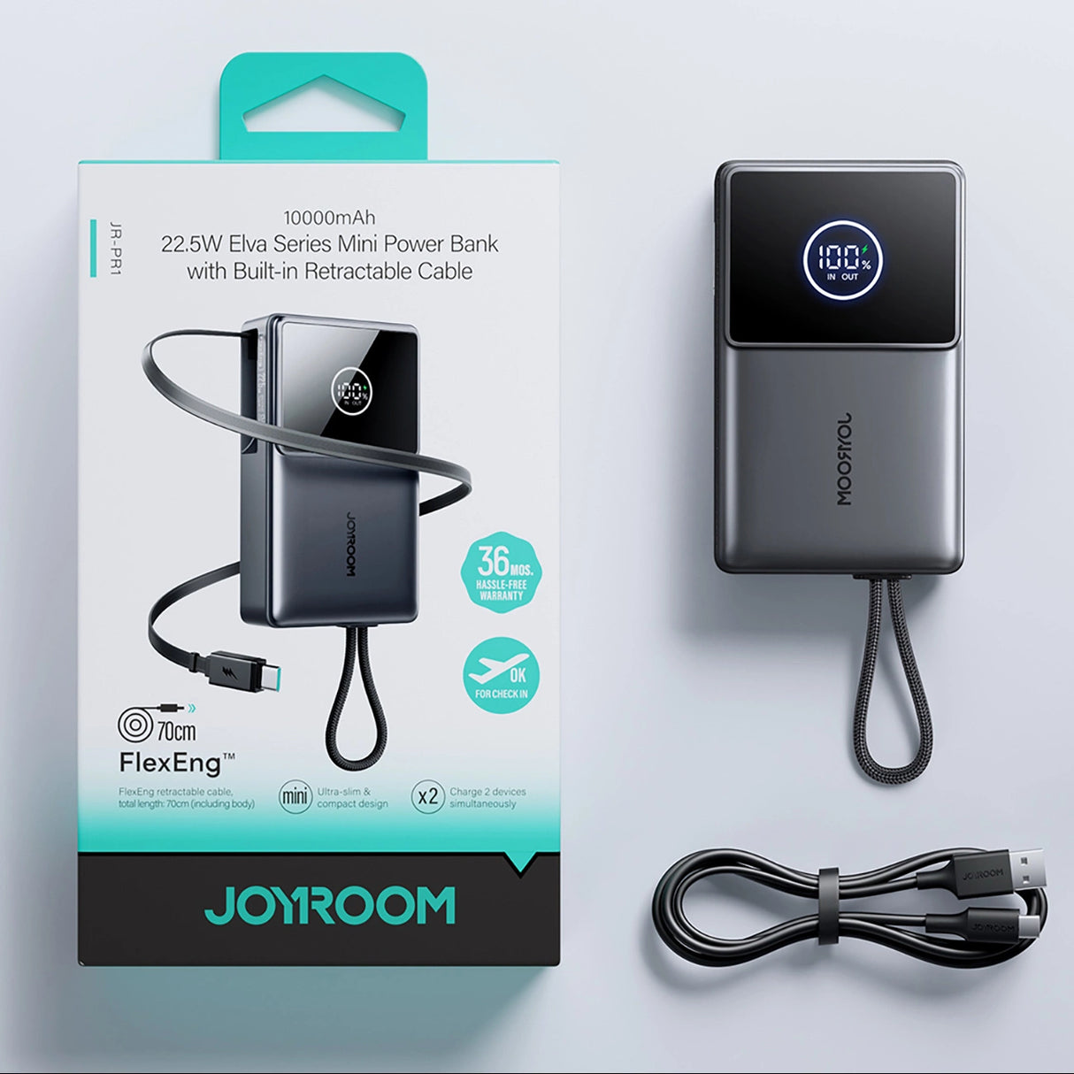 Joyroom JR-PR1 10000mAh 22.5W Powerbank med indbygget indtrækbart USB-C-kabel - sort
