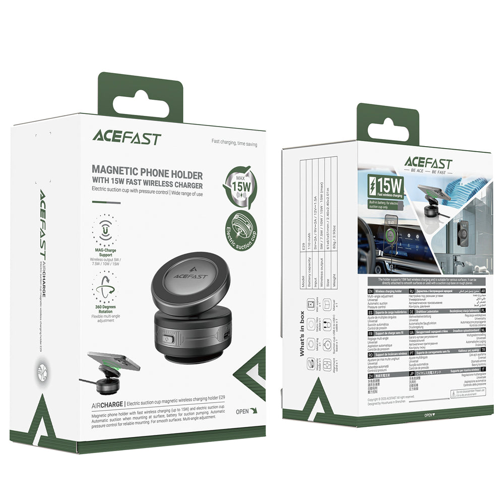 Acefast E29 Magnetic Holder with Wireless Charger with Suction Cup for Dashboard/Windshield - Black