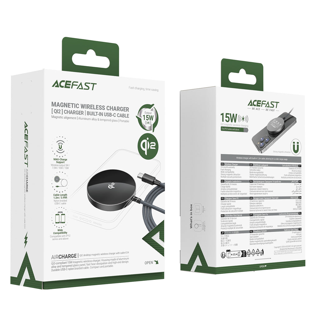 Acefast E24 Qi2 15W magnetisk induktiv oplader med 1,2 m USB-C kabel - sort