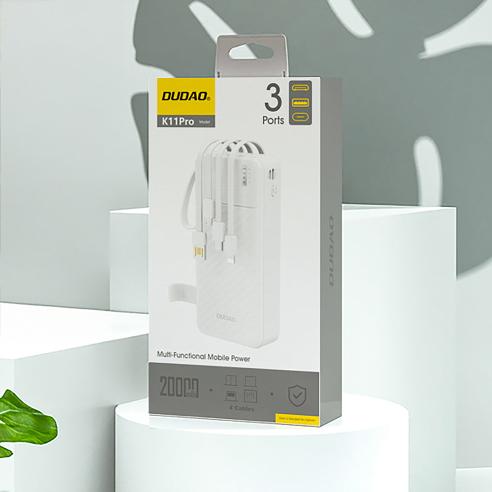 Dudao K11 Pro 20000mAh Powerbank med indbyggede kabler - hvid