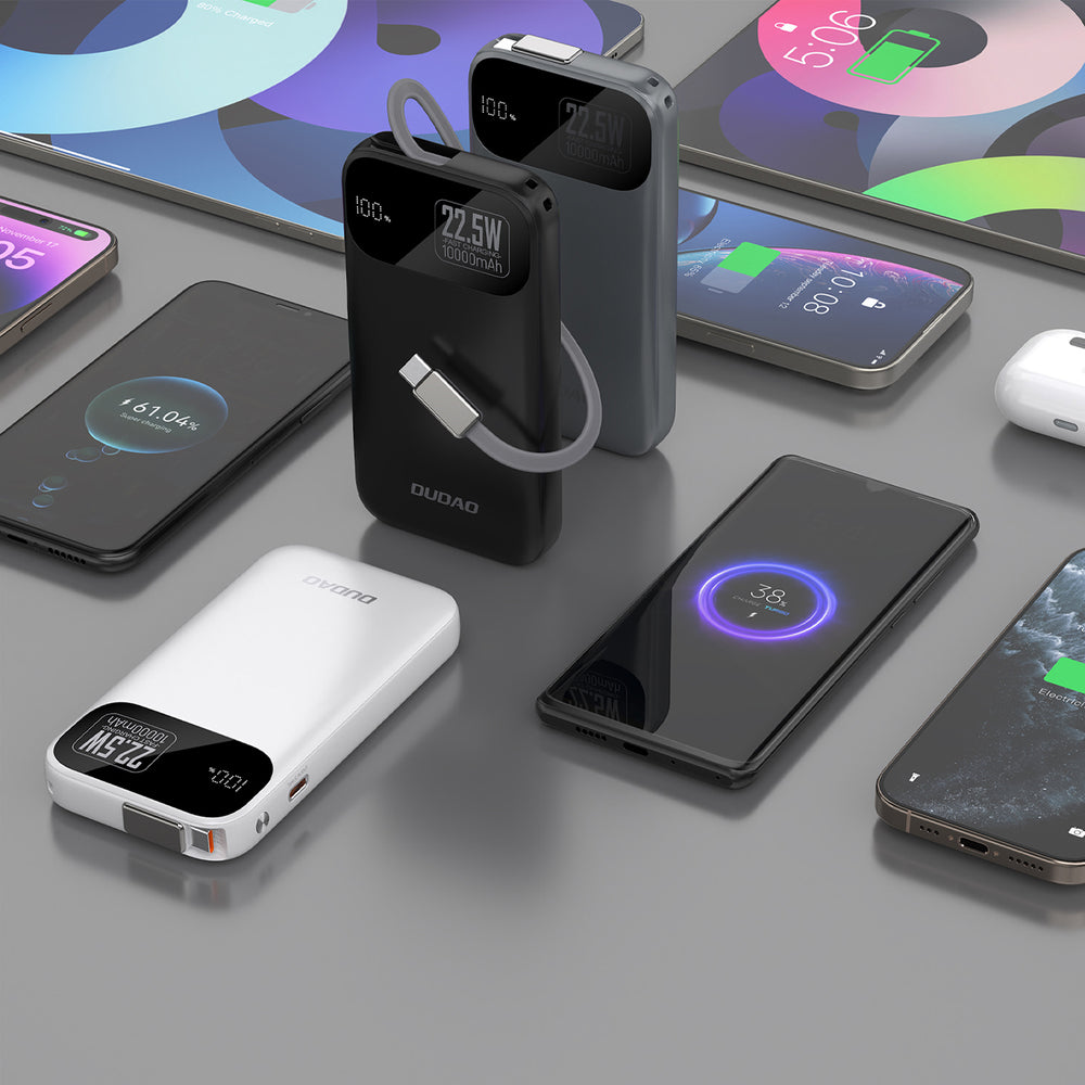 Dudao K31 10000 mAh 22.5W PD Powerbank med indbygget kabel - sort