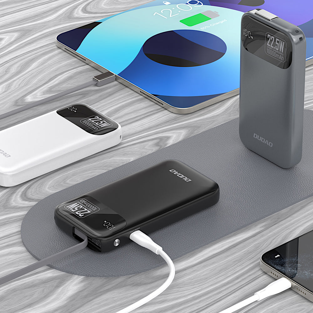 Dudao K31 10000 mAh 22.5W PD Powerbank med indbygget kabel - Grå
