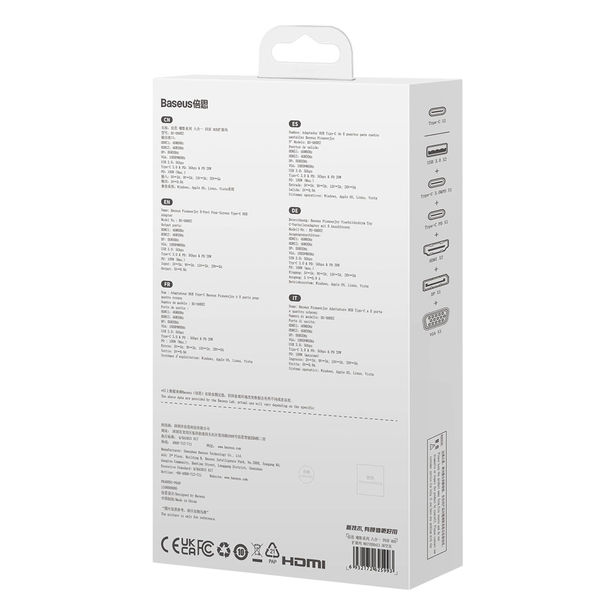 Baseus PioneerJoy 8-i-1 USB-C hub HDMI 4K@60Hz + HDMI 4K@30Hz + DisplayPort 8K@30Hz + VGA + 2 x USB-A 3.0 + 2 x USB-C - grå