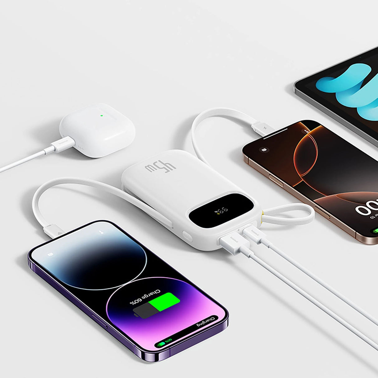 Baseus EnerFill FC31 20000mAh 45W Powerbank med digitalt display og 2 indbyggede kabler (USB-C + Lightning) - hvid