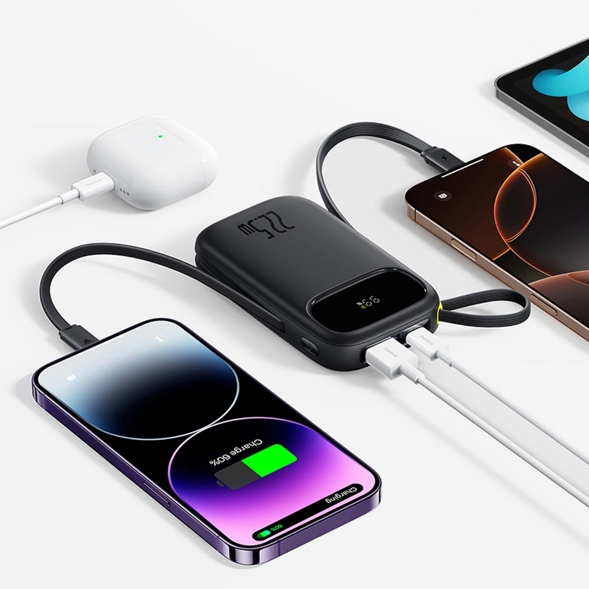 Baseus EnerFill FC31 10000mAh 22.5W Powerbank med digitalt display og 2 indbyggede kabler (USB-C + Lightning) - sort