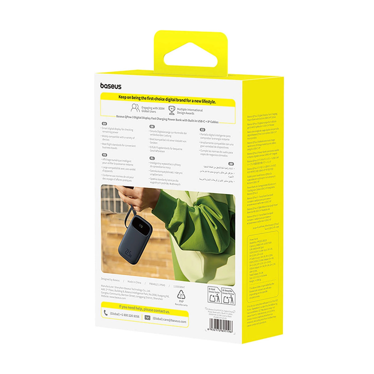 Baseus EnerFill FC31 20000mAh 22.5W Powerbank med digitalt display og 2 indbyggede kabler (USB-C + Lightning) - sort