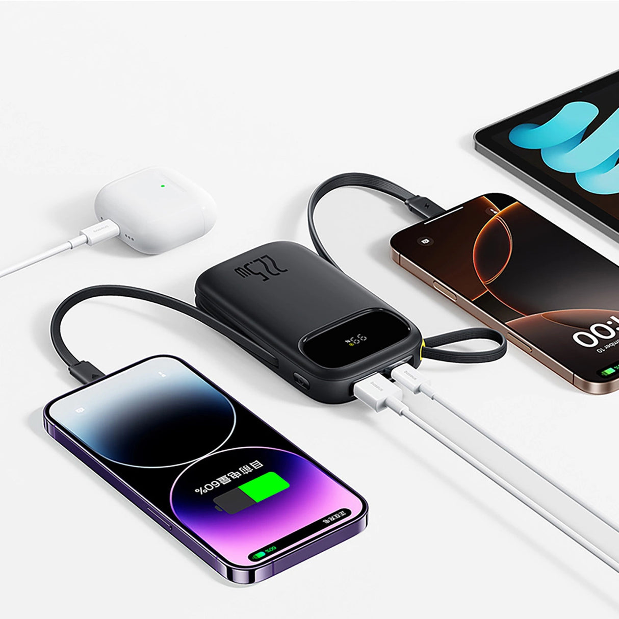 Baseus EnerFill FC31 20000mAh 22.5W Powerbank med digitalt display og 2 indbyggede kabler (USB-C + Lightning) - sort