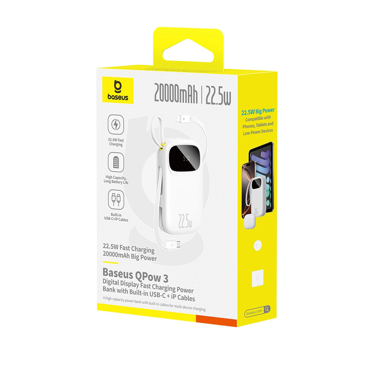 Baseus EnerFill FC31 20000mAh 22.5W Powerbank med digitalt display og 2 indbyggede kabler (USB-C + Lightning) - hvid