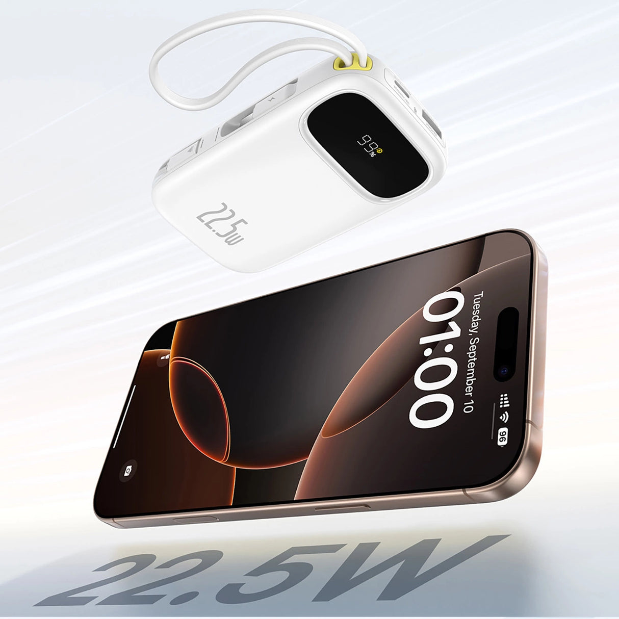 Baseus EnerFill FC31 20000mAh 22.5W Powerbank med digitalt display og 2 indbyggede kabler (USB-C + Lightning) - hvid