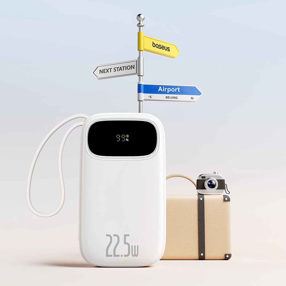 Baseus EnerFill FC31 20000mAh 22.5W Powerbank med digitalt display og 2 indbyggede kabler (USB-C + Lightning) - hvid