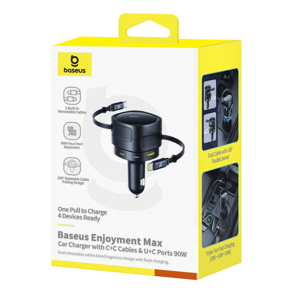 Baseus Enjoyment Max 90W Car Charger 2 x USB-C + USB-A + USB-C Cable - Black