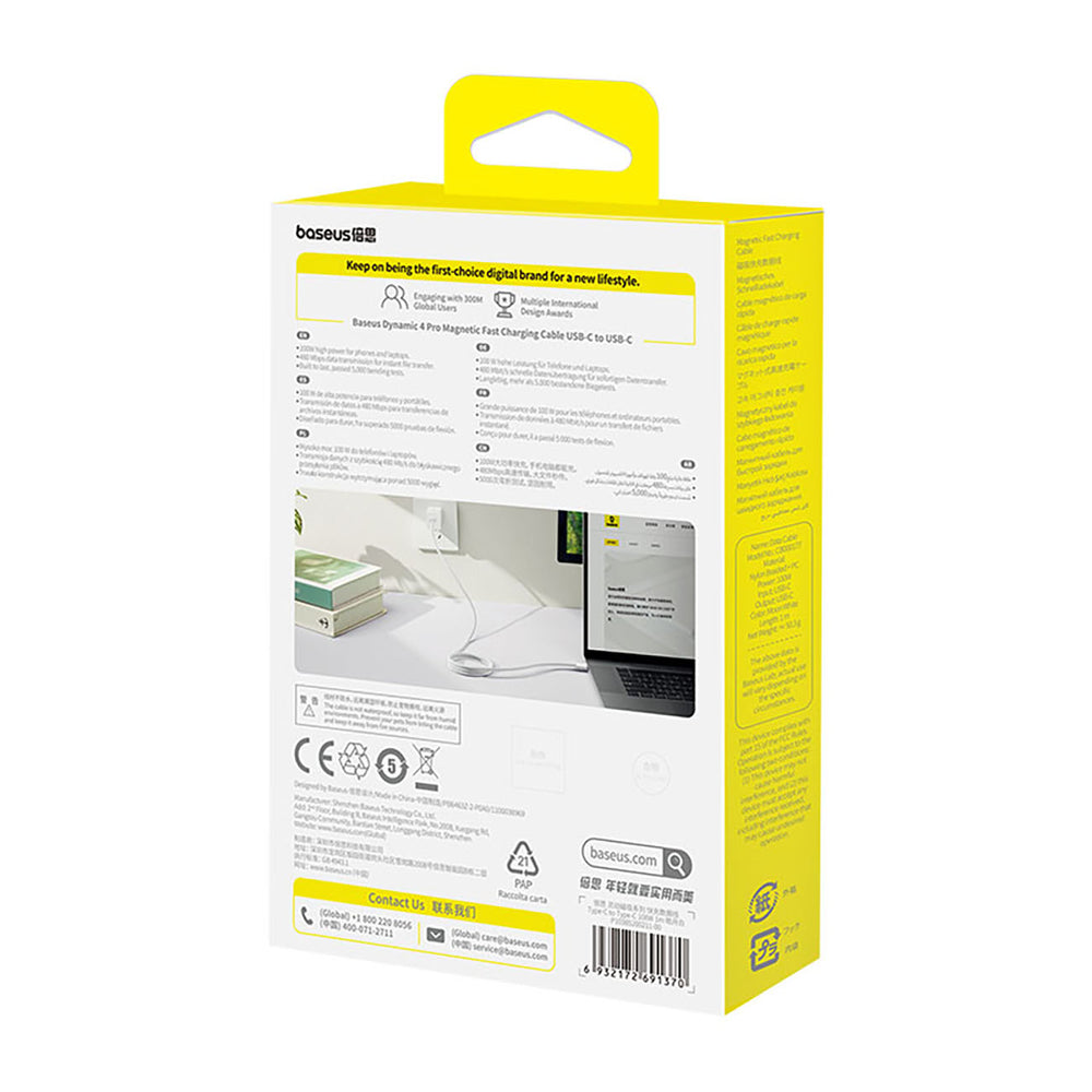 Baseus Dynamic 4 Pro 100W USB-C - USB-C Magnetisk kabel 1m - hvid