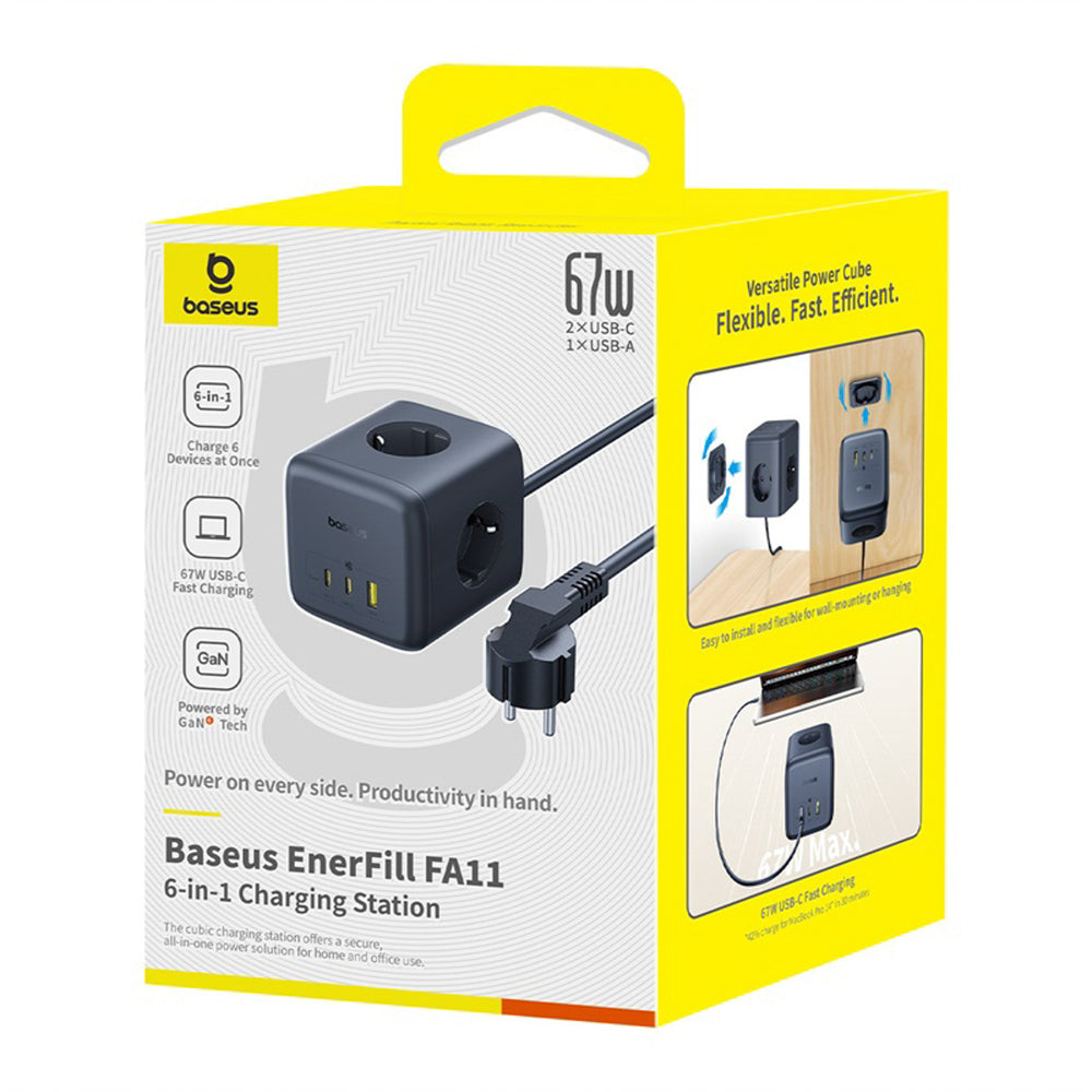 Baseus EnerFill FA11 67W Power Strip, USB-A + USB-C Cube + 3 x EU Socket 1,5 m - sort
