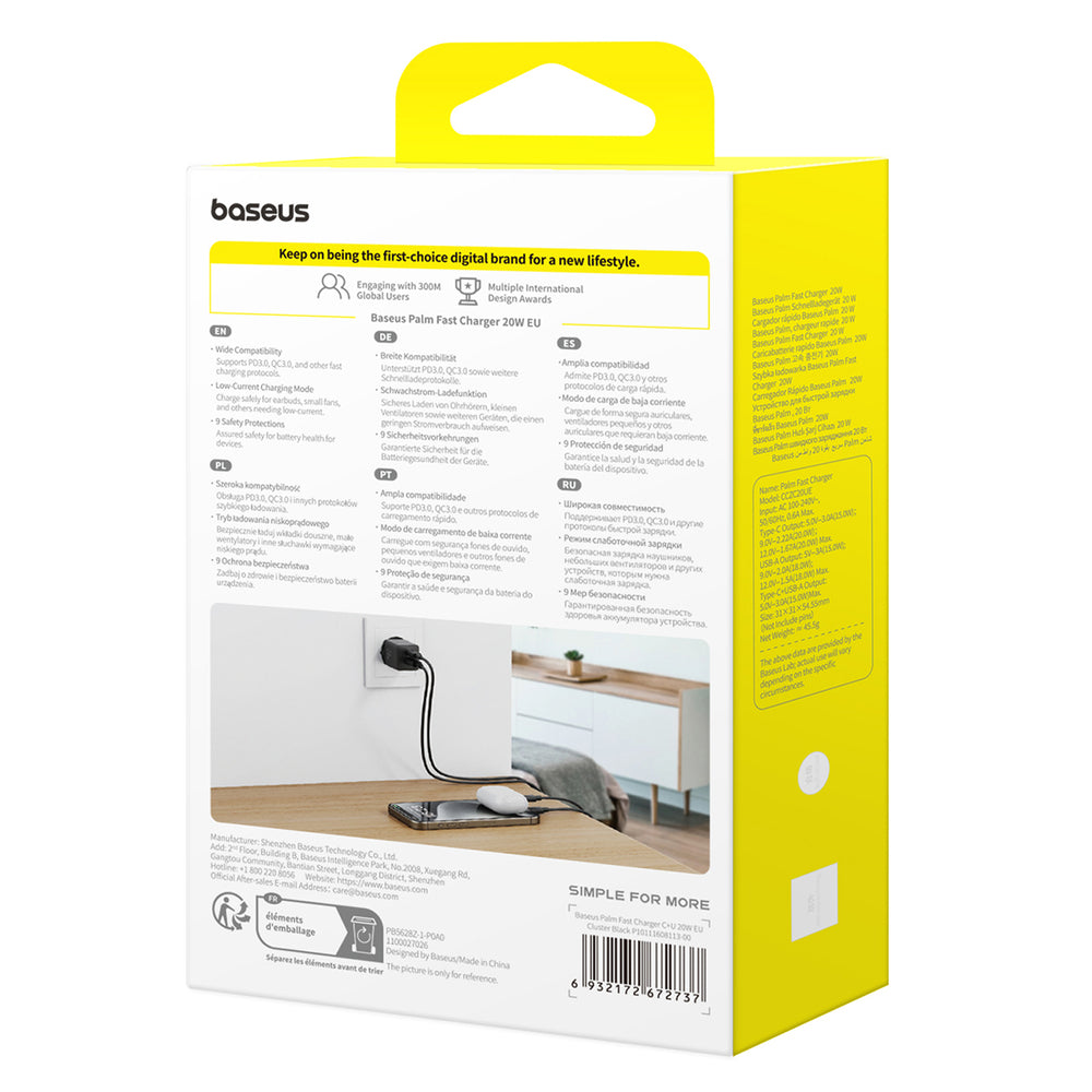 Baseus Palm 20W USB-C USB-A Wall Charger - sort