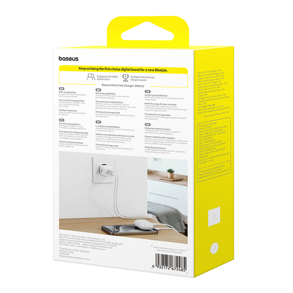 Baseus Palm 30W USB-C USB-A Wall Charger - hvid