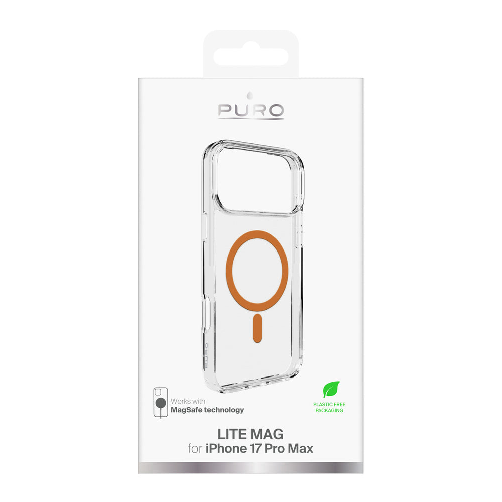 Puro Lite Mag TPU+PC Case Compatible with MagSafe for iPhone 17 Pro Max - Transparent with Orange Ring