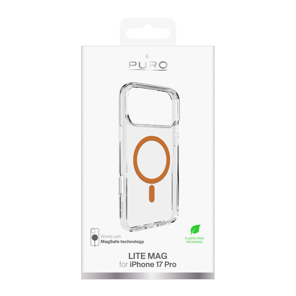 Puro Lite Mag TPU+PC Case Compatible with MagSafe for iPhone 17 Pro - Transparent with Orange Ring