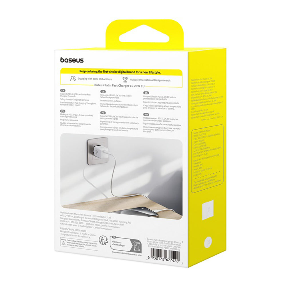 Baseus Palm 1C 20W Wall Charger (with Baseus Mini White USB-C 60W (20V/3A) 1m Cable) - White