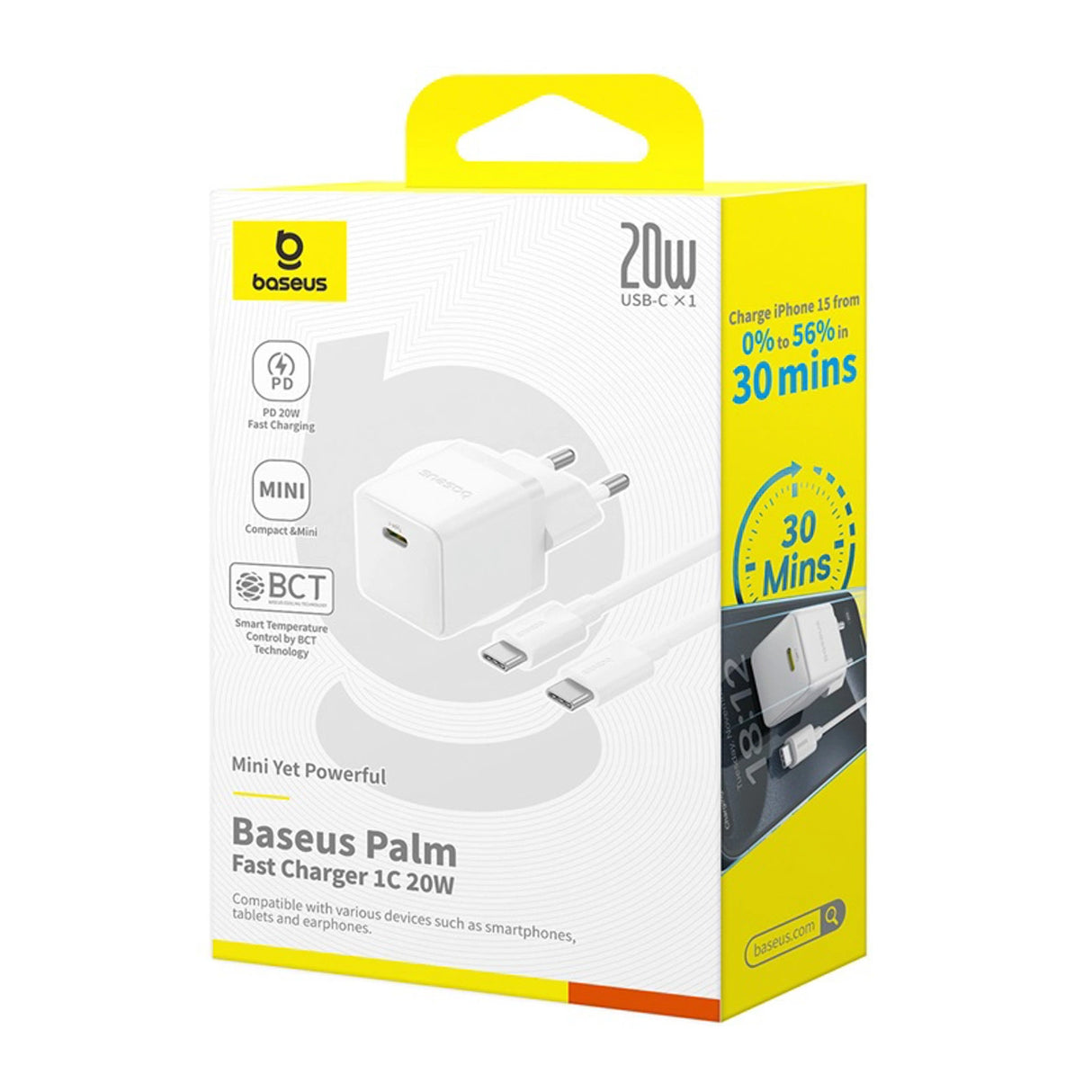 Baseus Palm 1C 20W Wall Charger (med Baseus Mini White USB-C 60W (20V / 3A) 1m Kabel) - Hvid