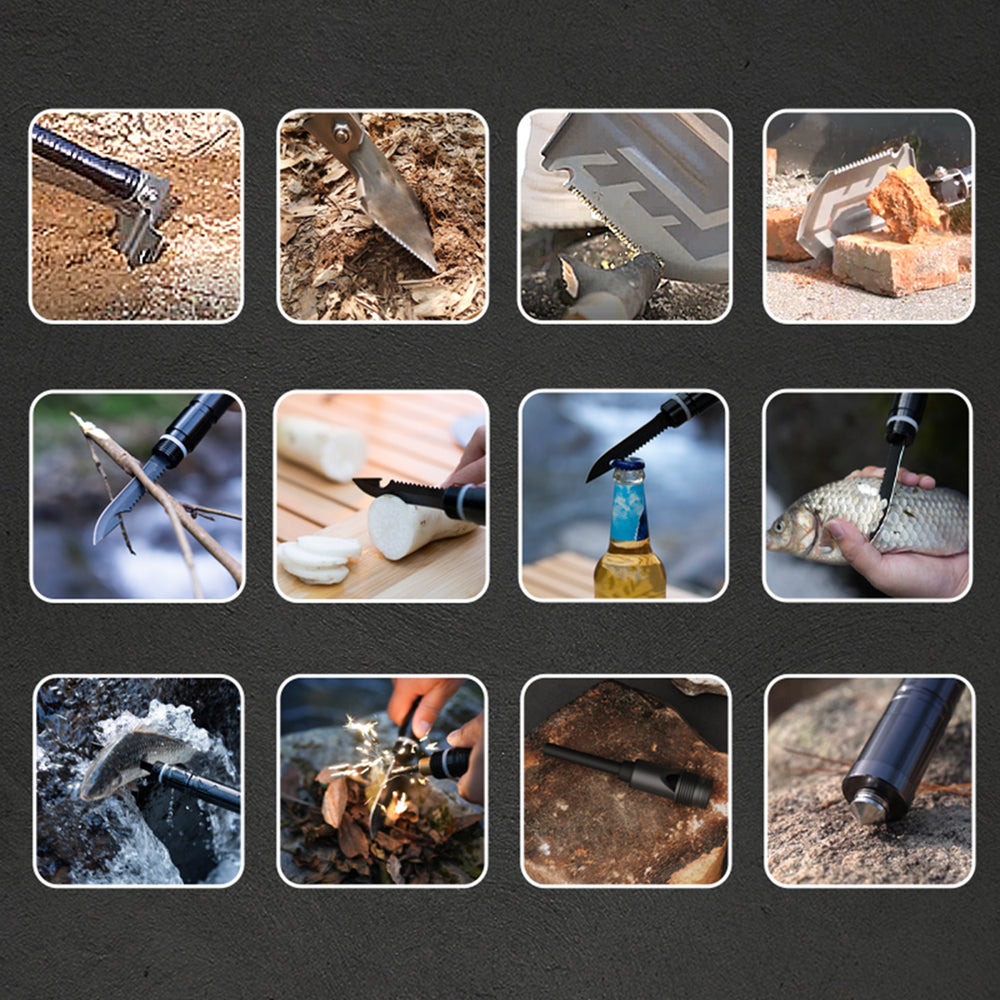 Wozinsky WSS-211 overlevelses bushcraft skovl multifunktionel knivbryder flint fløjte harpun - grå